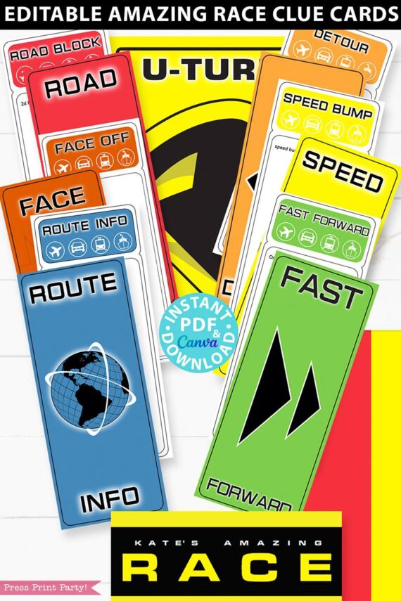The amazing race party printables decorations, amazing race clue cards, invitation, banner, cupcake wraps, chocolate wraps, party hat route marker. How to plan an amazing race party. Amazing race challenges. Amazing race clue cards - team badges - pit stop - u-turn - Press Print Party!