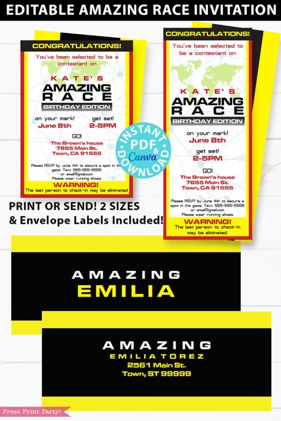 the amazing race invitation in 2 sizes 5x7 and tall. editable with envelope labels or send digitally - how to plan an amazing race - press print party