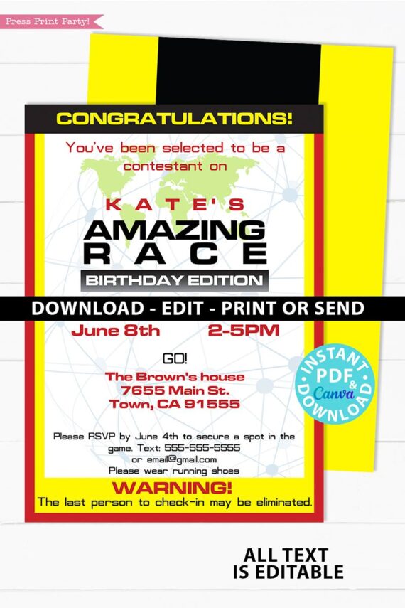 the amazing race invitation in 2 sizes 5x7 and tall. editable with envelope labels or send digitally - how to plan an amazing race - press print party