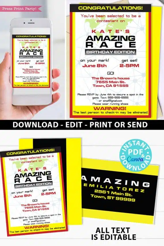 the amazing race invitation in 2 sizes 5x7 and tall. editable with envelope labels or send digitally - how to plan an amazing race - press print party