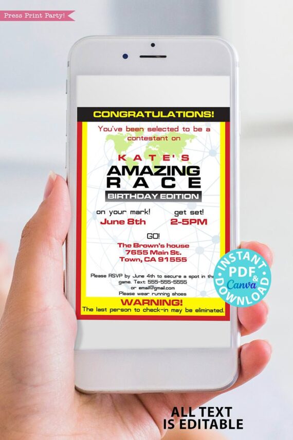 the amazing race invitation in 2 sizes 5x7 and tall. editable with envelope labels or send digitally - how to plan an amazing race - press print party