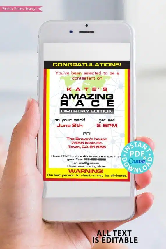 the amazing race invitation in 2 sizes 5x7 and tall. editable with envelope labels or send digitally - how to plan an amazing race - press print party