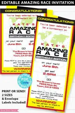 the amazing race invitation in 2 sizes 5x7 and tall. editable with envelope labels or send digitally - how to plan an amazing race - press print party