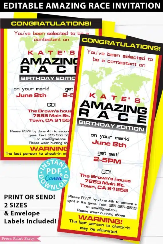 the amazing race invitation in 2 sizes 5x7 and tall. editable with envelope labels or send digitally - how to plan an amazing race - press print party