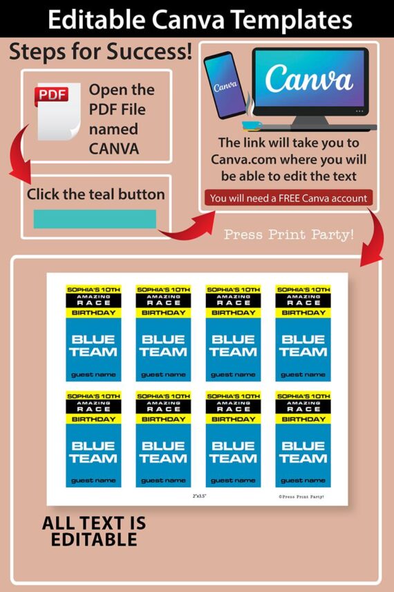 The amazing race badges - id badges for teams - amazing race game challenges - In 5 colors and 2 sizes, all text is editable. Edit in pdf or canva - press print party.