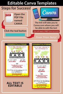 the amazing race invitation in 2 sizes 5x7 and tall. editable with envelope labels or send digitally - how to plan an amazing race - press print party