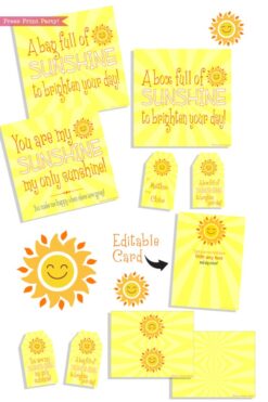 Sunshine box printables - Sunshine Gift Box, Cheer Up Care package, Sympathy Gift, Bad Day Gift, Get Well Package, Box of Sunshine, DIY Gift- Press Print Party!