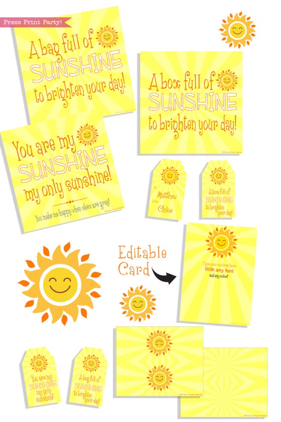 Sunshine box printables - Sunshine Gift Box, Cheer Up Care package, Sympathy Gift, Bad Day Gift, Get Well Package, Box of Sunshine, DIY Gift- Press Print Party!