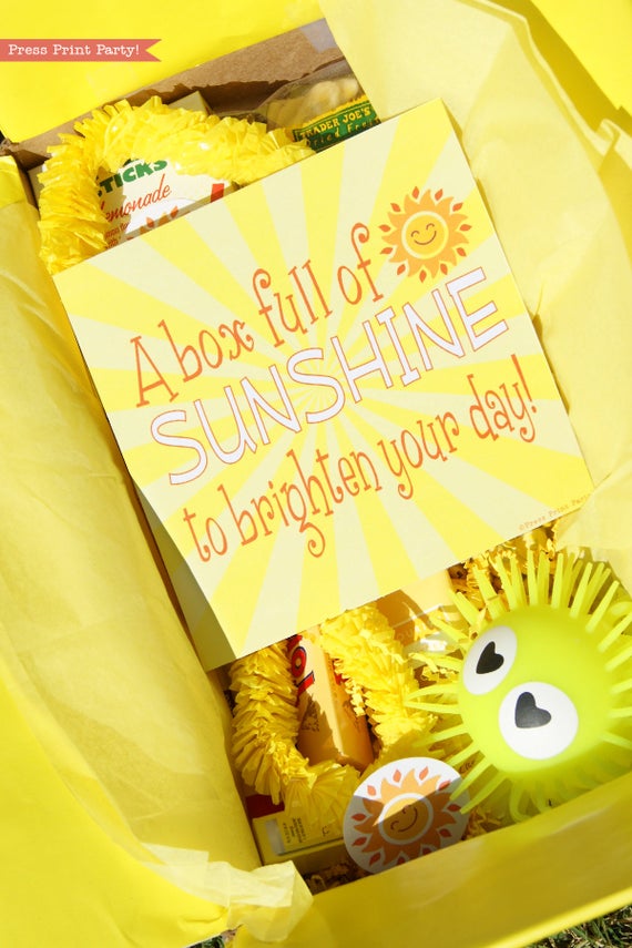 Sunshine box printables - Sunshine Gift Box, Cheer Up Care package, Sympathy Gift, Bad Day Gift, Get Well Package, Box of Sunshine, DIY Gift- Press Print Party!