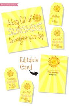 Sunshine box printables - Sunshine Gift Box, Cheer Up Care package, Sympathy Gift, Bad Day Gift, Get Well Package, Box of Sunshine, DIY Gift- Press Print Party!