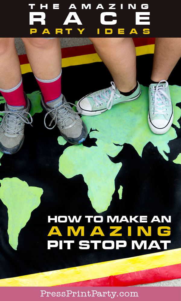 the amazing race party ideas. How to make an amazing pit stop mat. DIY homemade. Press Print Party!
