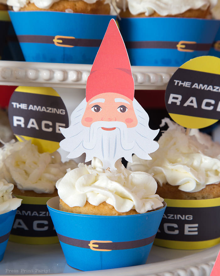 Gnome cupcake wrapper and toppers. The Amazing Race Party ideas - Press Print Party!
