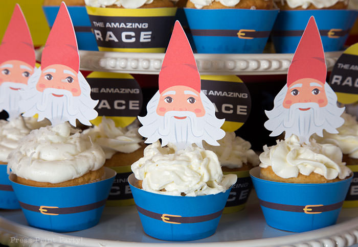 Gnome cupcake wrapper and toppers. The Amazing Race Party ideas - Press Print Party!