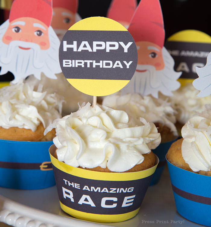Gnome cupcake wrapper and toppers. The Amazing Race Party ideas - Press Print Party!