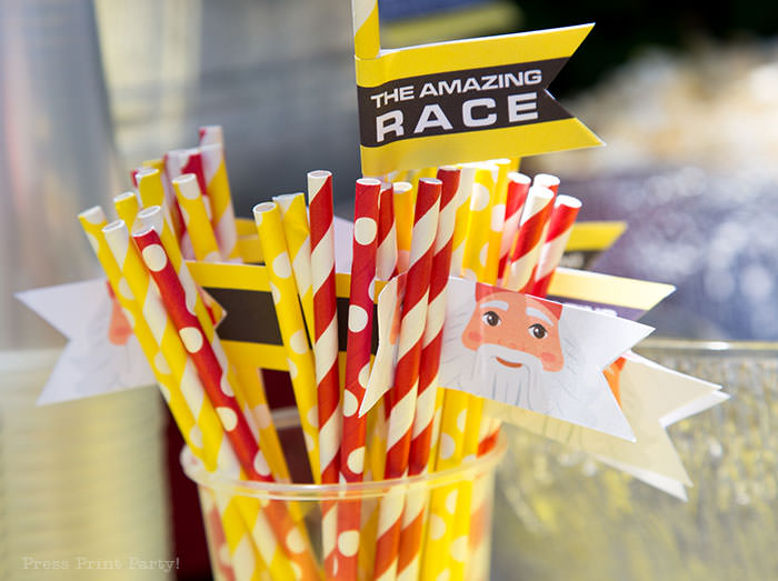 straw flags - The amazing race party ideas - Press Print Party!