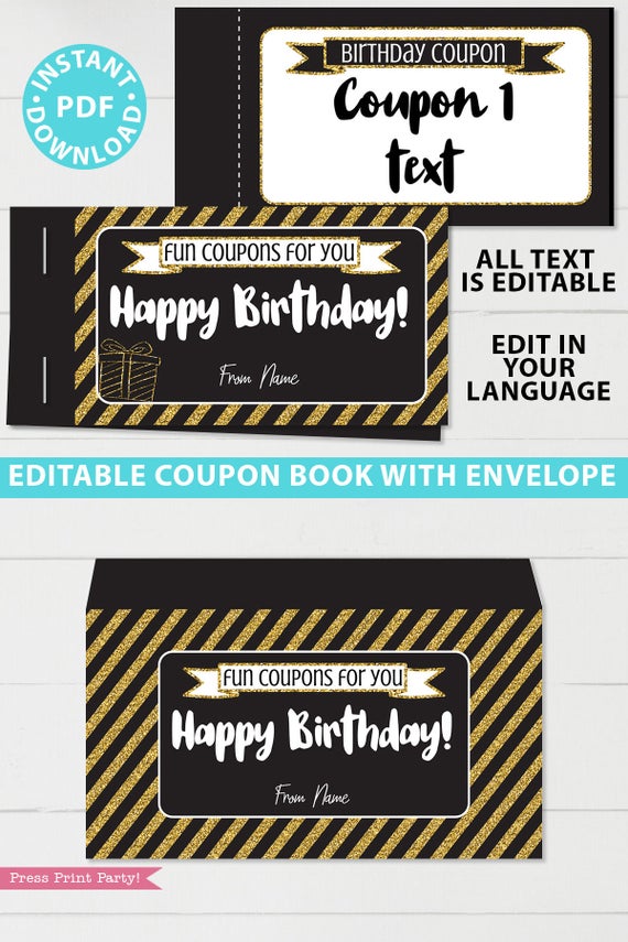 Gold editable birthday coupon book template printable last minute gift ideas download - Press Print Party!