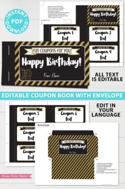 Gold editable birthday coupon book template printable last minute gift ideas download - Press Print Party!