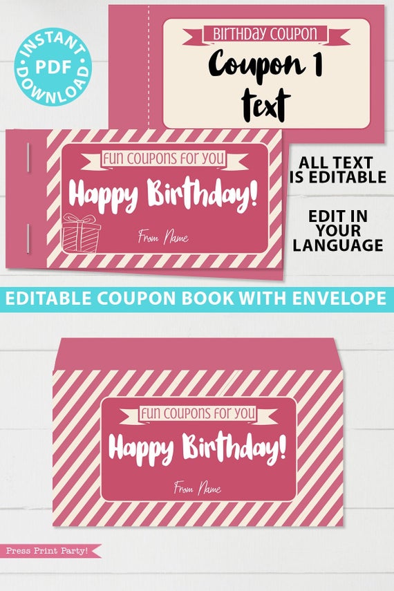 Pink editable birthday coupon book template printable last minute gift ideas download gift for her - Press Print Party!