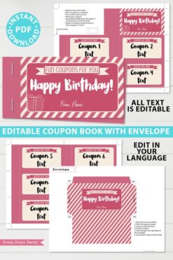 Pink editable birthday coupon book template printable last minute gift ideas download gift for her - Press Print Party!