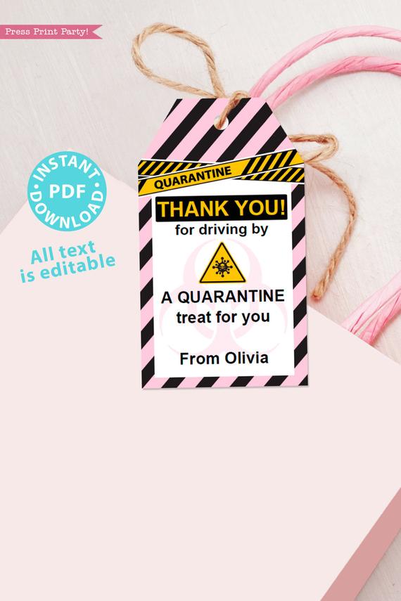 drive by birthday thank you tags editable for quarantine birthday party pink instant download