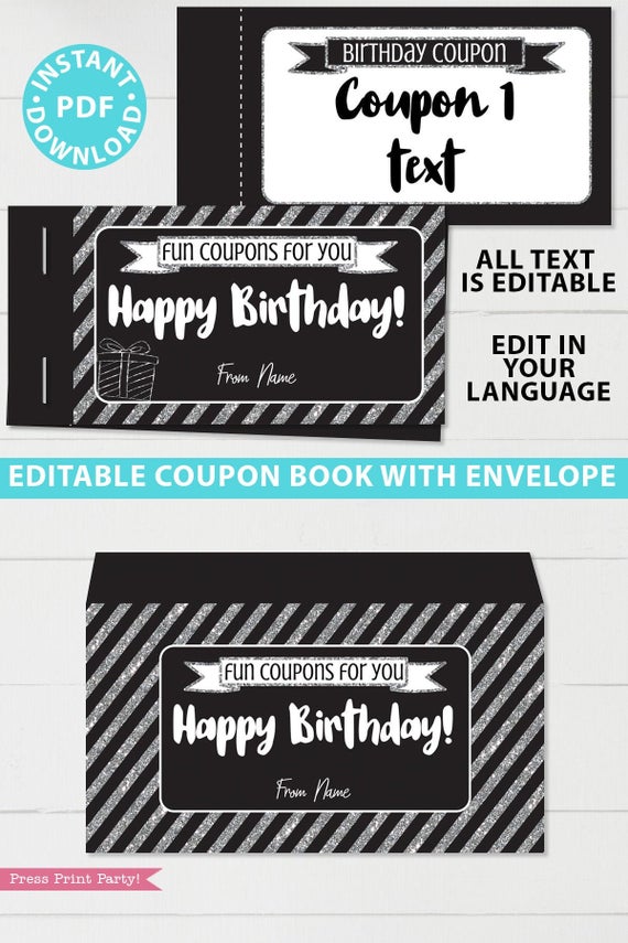 Silver editable birthday coupon book template printable last minute gift ideas download - Press Print Party!