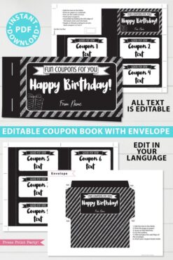 Silver editable birthday coupon book template printable last minute gift ideas download - Press Print Party!