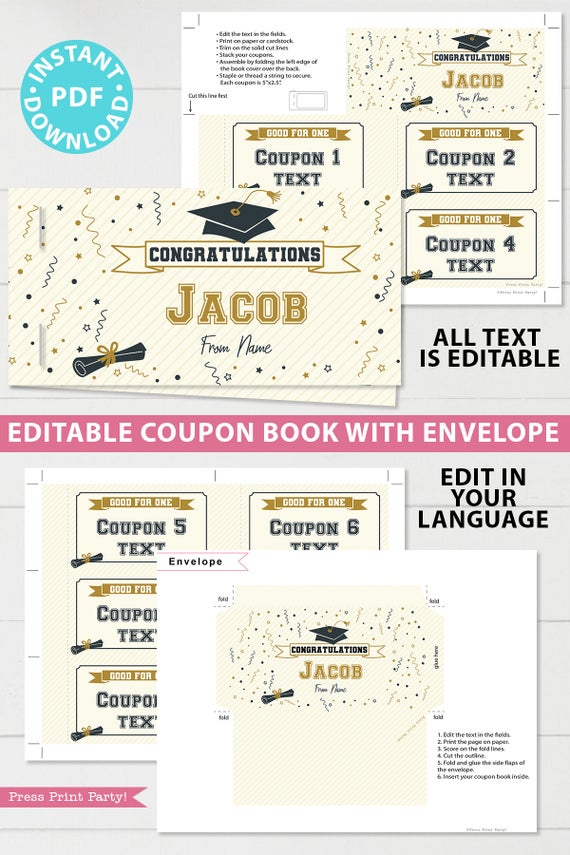 editable graduation coupon book template printable last minute gift ideas for the new grad download - Press Print Party!