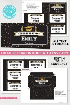 Gold editable graduation coupon book template printable last minute gift ideas for the new grad download - Press Print Party!