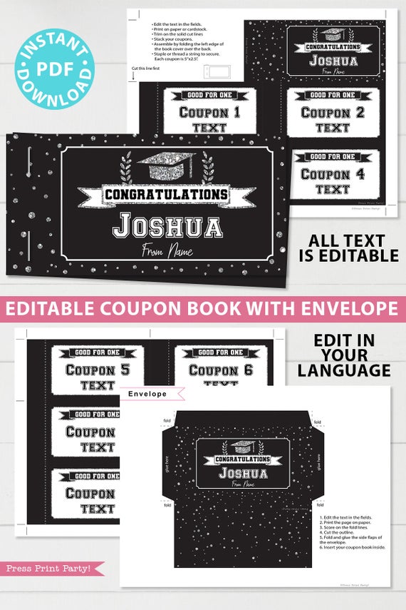 Silver editable graduation coupon book template printable last minute gift ideas for the new grad download - Press Print Party!
