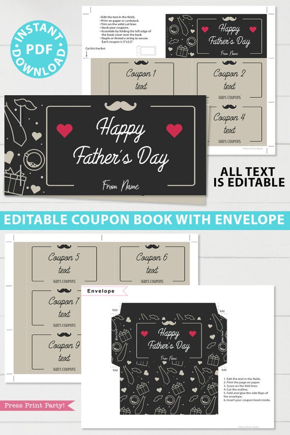 Father's day gift editable coupon book template printable last minute gift ideas for the new grad download - Press Print Party!