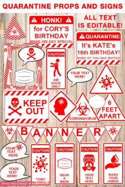 Red and white Quarantine Birthday Photo Booth Props and Signs, Editable Birthday Yard Sign, Drive-by birthday, For Car or Photos, Party Decor, INSTANT DOWNLOAD