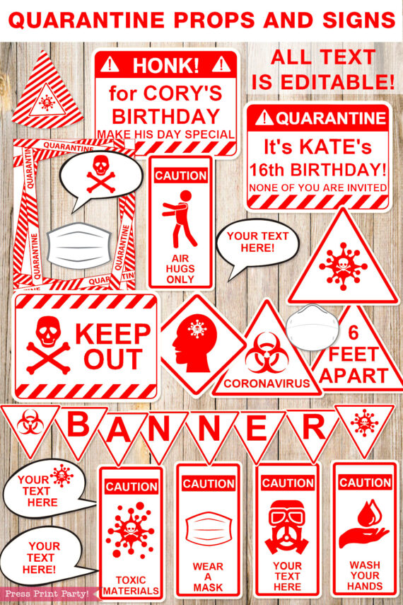 Red and white Quarantine Birthday Photo Booth Props and Signs, Editable Birthday Yard Sign, Drive-by birthday, For Car or Photos, Party Decor, INSTANT DOWNLOAD