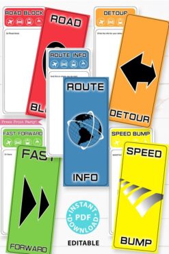 The amazing race party printables decorations, clue cards, invitation, banner, cupcake wraps, chocolate wraps, party hat route marker Press Print Party!
