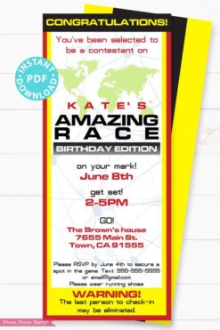 The amazing race party printables decorations, clue cards, invitation, banner, cupcake wraps, chocolate wraps, party hat route marker Press Print Party!