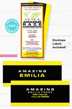 The amazing race party printables decorations, clue cards, invitation, banner, cupcake wraps, chocolate wraps, party hat route marker Press Print Party!