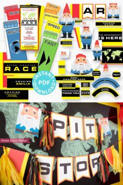 The amazing race party printables decorations, clue cards, invitation, banner, cupcake wraps, chocolate wraps, party hat route marker Press Print Party!