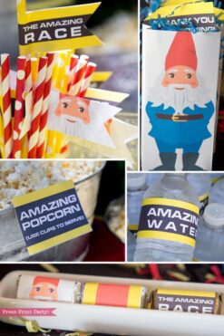 The amazing race party printables decorations, clue cards, invitation, banner, cupcake wraps, chocolate wraps, party hat route marker Press Print Party!