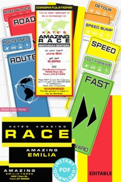 The amazing race party printables decorations, clue cards, invitation, banner, cupcake wraps, chocolate wraps, party hat route marker Press Print Party!