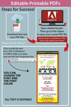 The amazing race party printables decorations, clue cards, invitation, banner, cupcake wraps, chocolate wraps, party hat route marker Press Print Party!