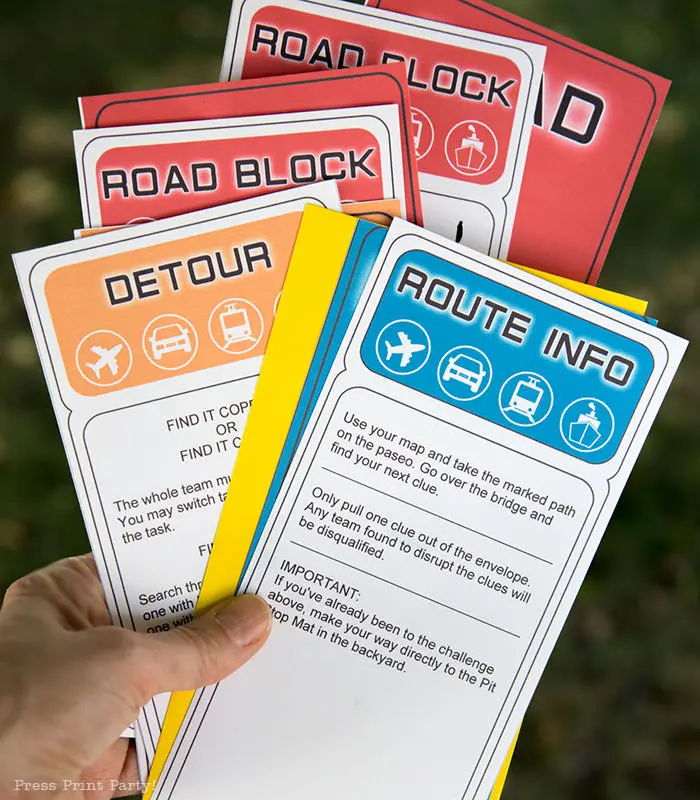 Amazing race challenge clue cards templates in hand - Press Print Party!