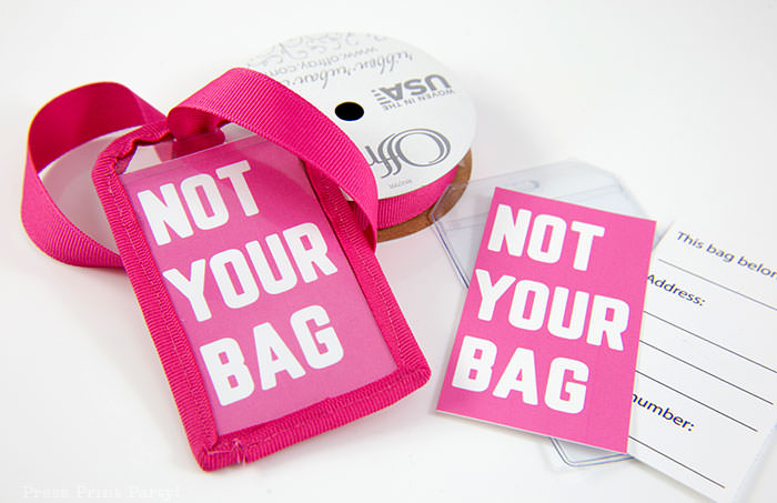 Pink Not your Bag luggage tag with blue ribbon and free printable template with back for name and address - Press Print Party!
