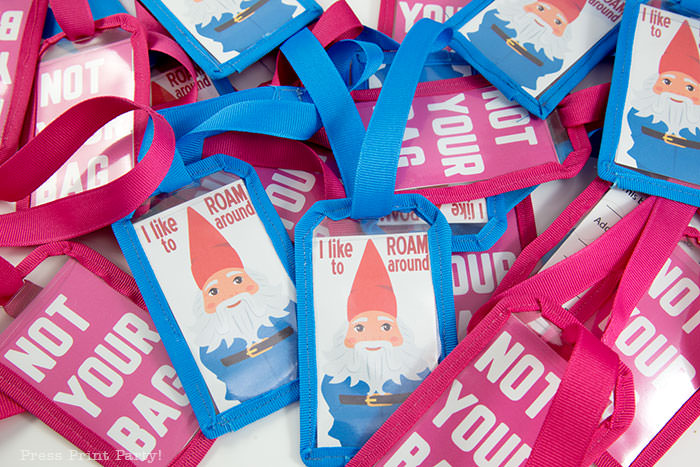 DIY template for luggage tags with free printables. Pink Not your bags and blue roaming gnome travel tags funny and cute. Press Print Party!