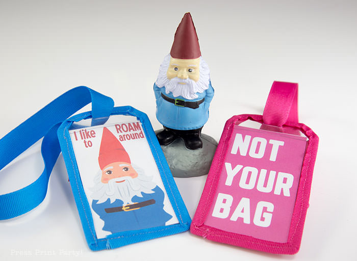 DIY template for luggage tags with free printables. Pink Not your bags and blue roaming gnome travel tags funny and cute. Press Print Party!