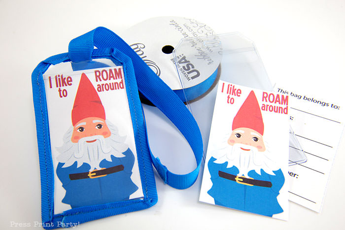 Roaming gnome luggage tag with blue ribbon and free printable template with back for name and address - Press Print Party!