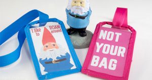 DIY template for luggage tags with free printables. Pink Not your bags and blue roaming gnome travel tags funny and cute. Press Print Party!