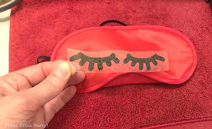 sleep mask with eyelashes with black glitter heat transfer vinyl eyelashes. pink sleep mask - Press Print Party!