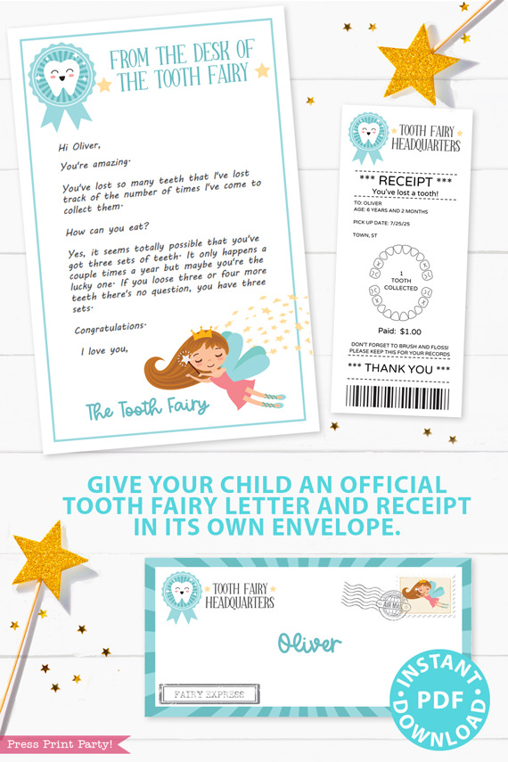 Create a magical tradition. Tooth Fairy printable set blue for boys or girls with tooth fairy letter, receipt, door handle, first tooth certificate, tooth envelope, cash envelope, baby teeth chart, editable by Press Print Party!