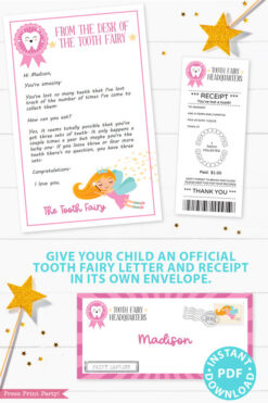 Create a magical tradition. Tooth Fairy printable set pink with tooth fairy letter, receipt, door handle, first tooth certificate, tooth envelope, cash envelope, baby teeth chart, editable by Press Print Party!