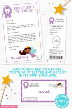 Create a magical tradition. Tooth Fairy printable set purple black tooth fairy for boys or girls with tooth fairy letter, receipt, door handle, first tooth certificate, tooth envelope, cash envelope, baby teeth chart, editable by Press Print Party!