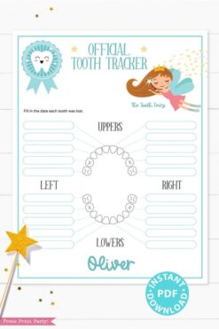 Create a magical tradition. Tooth Fairy printable set blue for boys or girls with letter, receipt, door handle, first tooth certificate, tooth envelope, cash envelope, baby teeth chart, editable by Press Print Party!